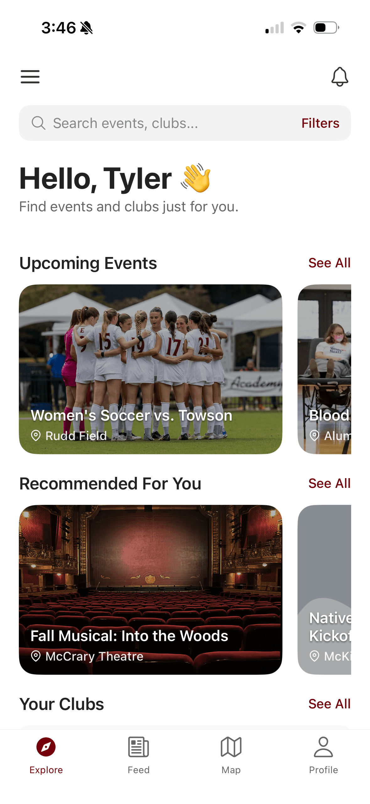 The Quad app Explore screen: a personalized list of upcoming Elon events, recommendations, and your clubs